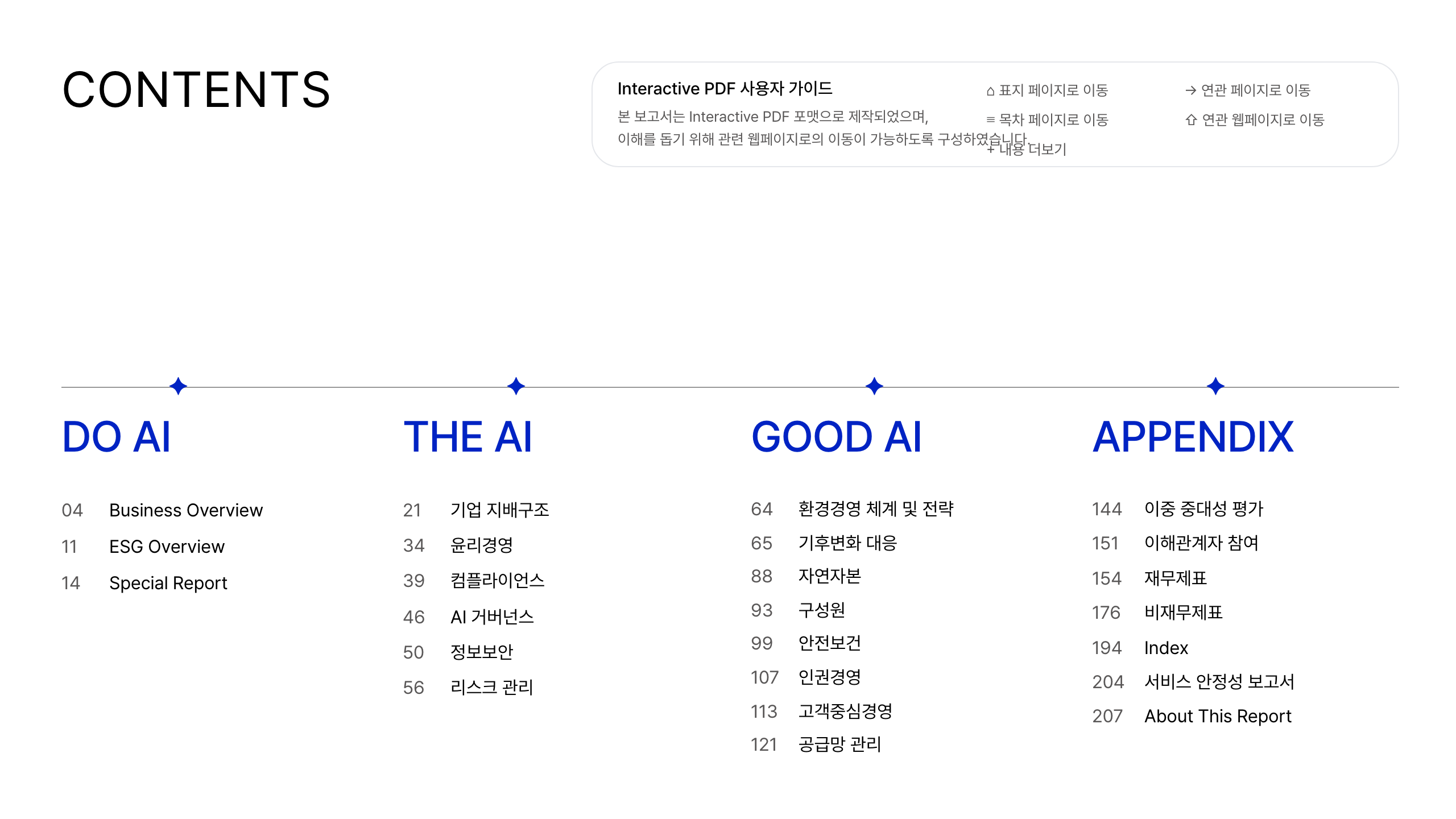 목차 — 4-track CONTENTS + 4 ✦ sparkle + Interactive PDF 가이드 박스