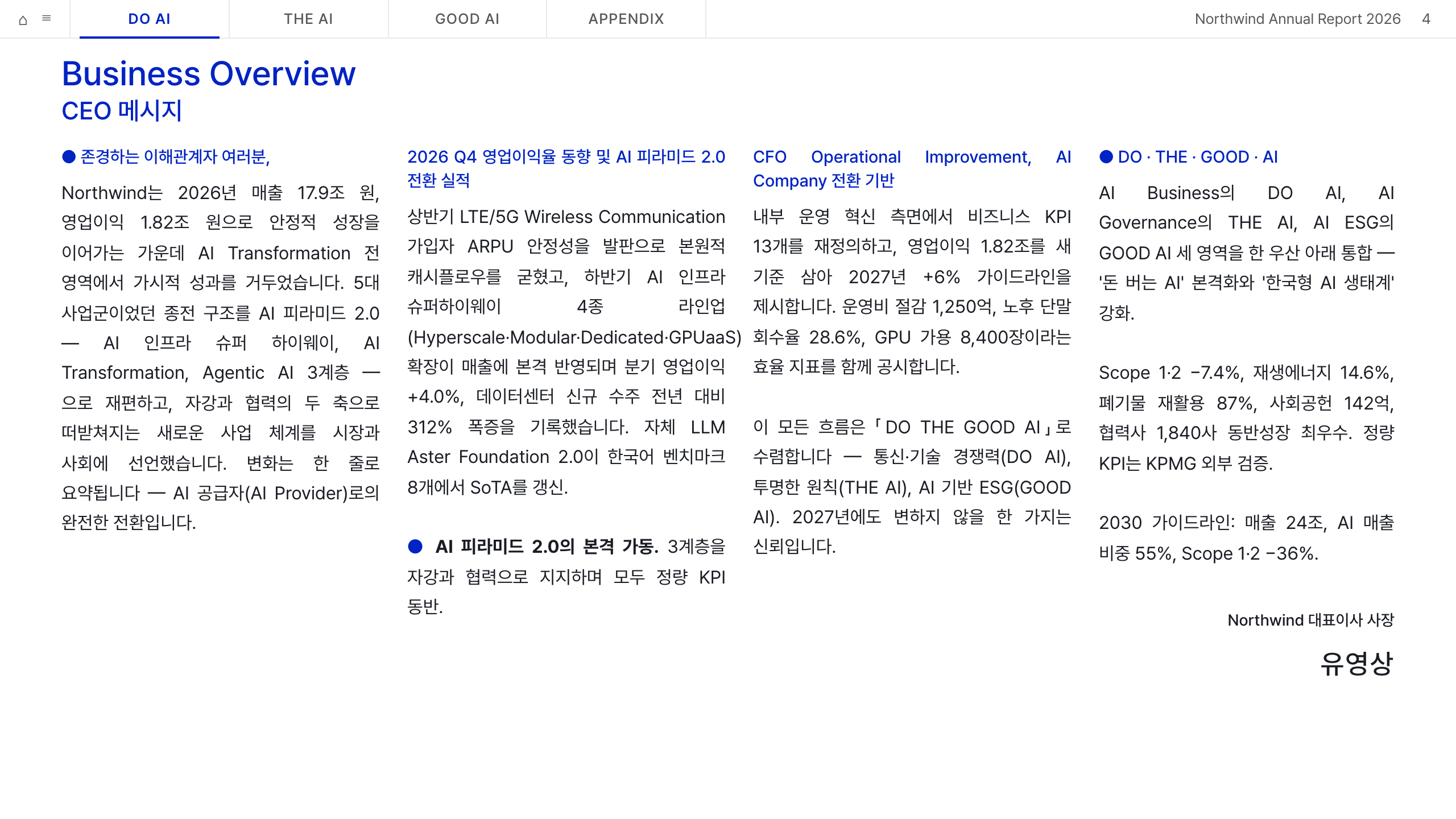 본문 narrative — CEO 메시지 5-컬럼 신문풍 paragraph